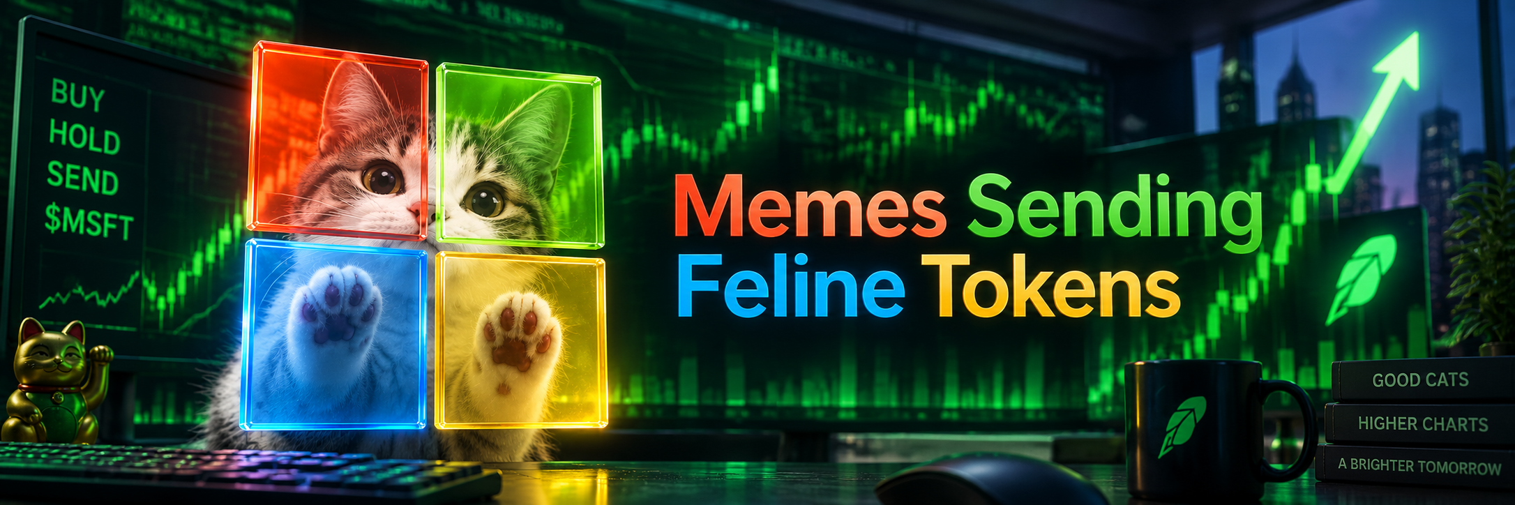 Banner artwork: a kitten behind four colored glass panes beside the words Memes Sending Feline Tokens in a dark trading room